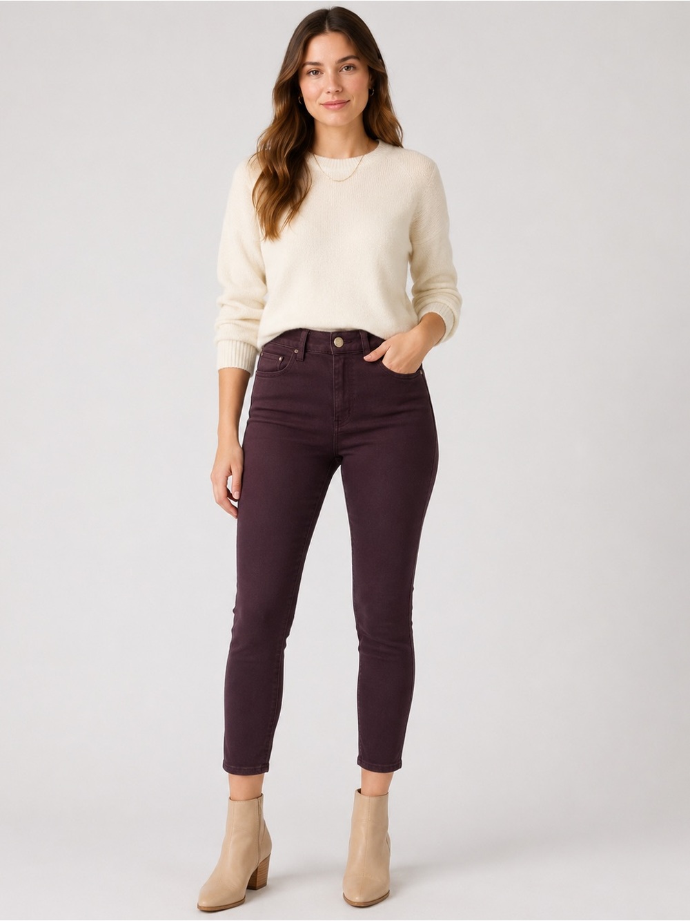 American Eagle Size 6 Long Hi-Rise Jegging Crop Burgundy Super Stretch Jeans